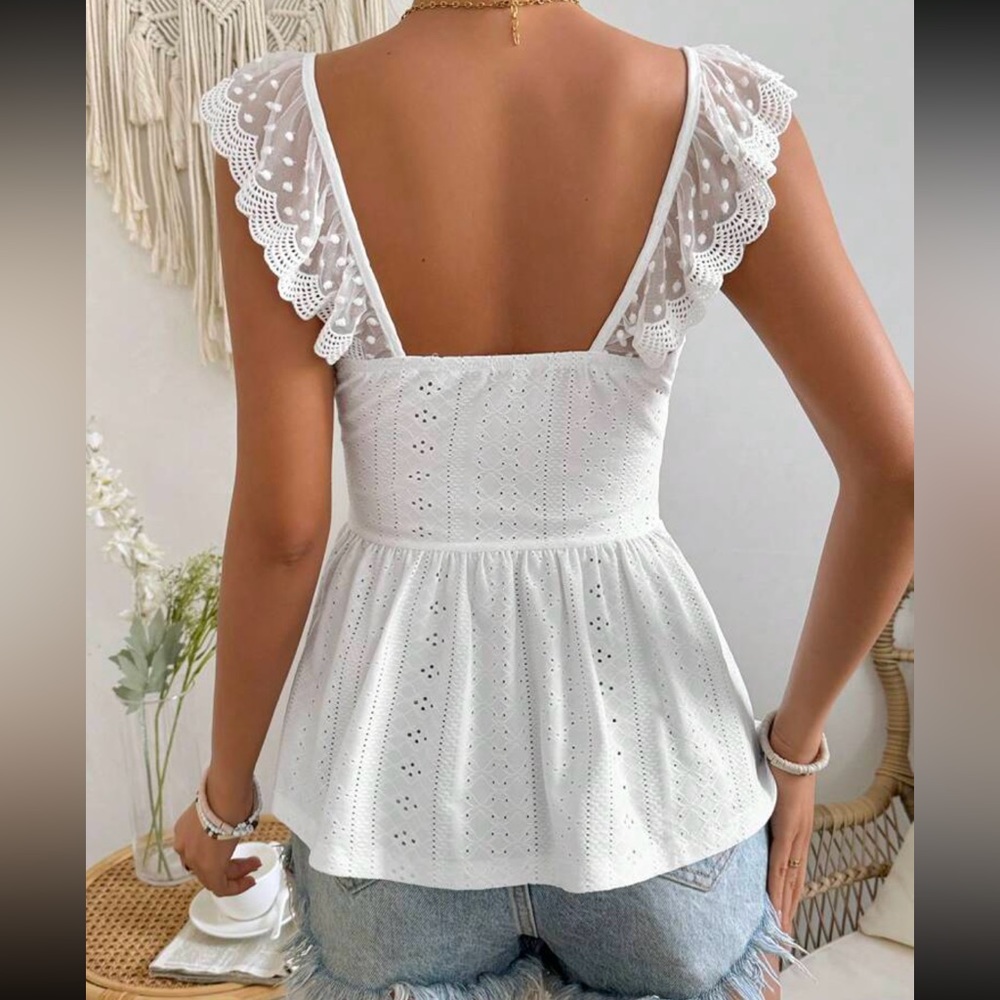 Boho Eyelet Sheer Mesh Embroidery Lace Peplum Sleeveless Top Blouse Shirt - Picture 2 of 5